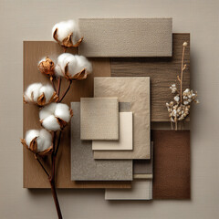 A warm, earthy-toned material board featuring natural textures, cotton flowers, and neutral surfaces, creating a soft, organic aesthetic