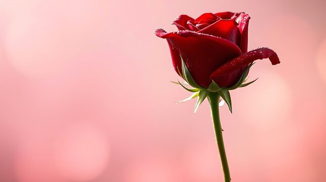 A hyperrealistic depiction of a single, dew-kissed red rose, water droplets catching the light, against a soft bokeh background, macro photography, deep crimson petals, vibrant green stem.