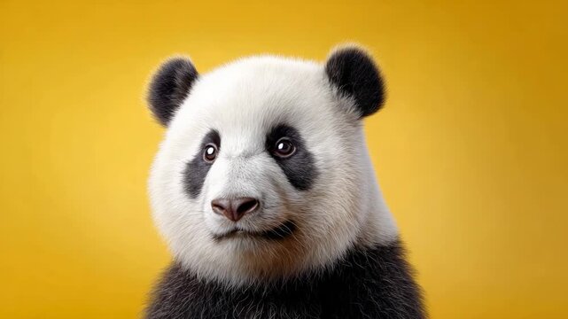 Cute giant panda cub gazing at the camera with a playful, curious expression, fluffy black and white fur contrasts against a vibrant yellow studio background in a close up portrait