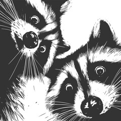 Naklejka premium raccoons peering downward with wide-eyed expressions, ideal for humor or wildlife themes sketch engraving generative ai vector illustration. Scratch board imitation. Black and white image.