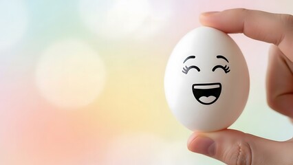 Smiling Egg Held By Hand Against Blurred Pastel Background