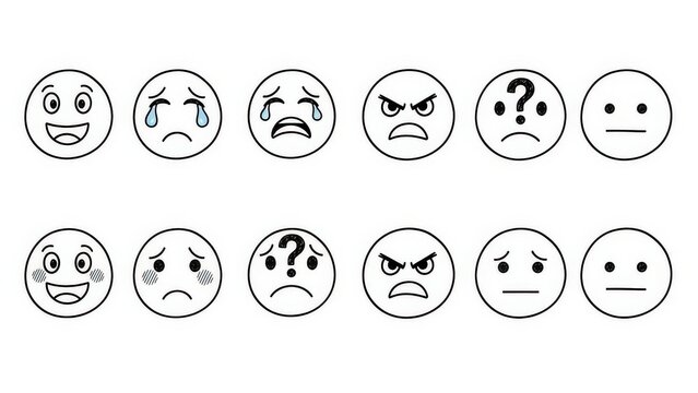 Hand drawn emoji faces showing different emotions and expressions
