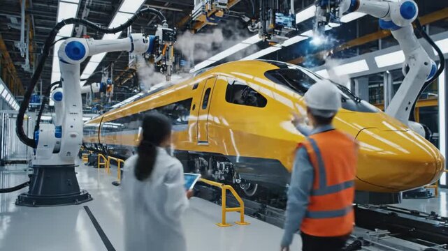 Modern Train Manufacturing with Advanced Technology - Two engineers are overlooking the schematics for a modern yellow train, during its manufacturing process in an industrial workshop setting that