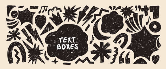 Naklejka premium Text boxes hand drawn background. Geometric and abstract linocut figures handmade scribbles set. Music note, lightning, arrows, heart stickers. Vector graphic illustration isolated no background.