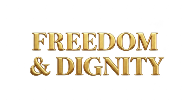 Golden 3d text freedom and dignity isolated on transparent background