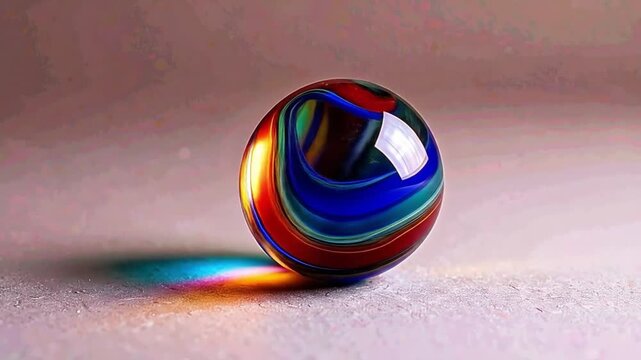Vibrant glass marble with colorful swirls and reflective surface