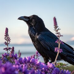 Obraz premium A glossy raven resting among ripe purple blooms, clear with a beautiful background.
