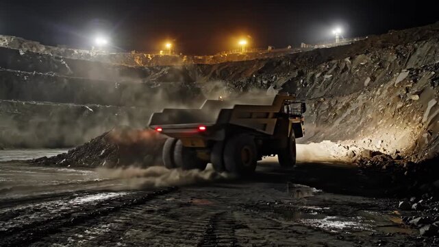 Heavy Mining Truck at Night - A large, yellow heavy mining truck operates at night in a dimly lit quarry. Bright lights illuminate the surrounding rock formations.