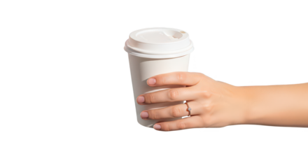 Hand holding a white disposable coffee cup with a lid isolated on white background