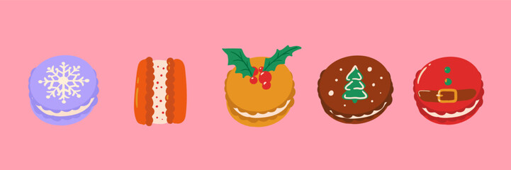 Set of decorated Christmas macarons with seasonal patterns on a pastel background. Cute winter dessert illustration perfect for holiday branding and festive graphics.