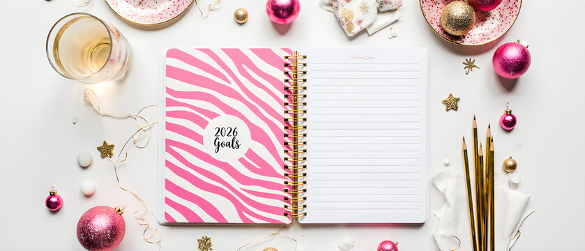 Open 2026 goals planner with pink zebra print cover, surrounded by festive pink and gold Christmas decorations and champagne, a concept for New Year's resolutions on a white banner.