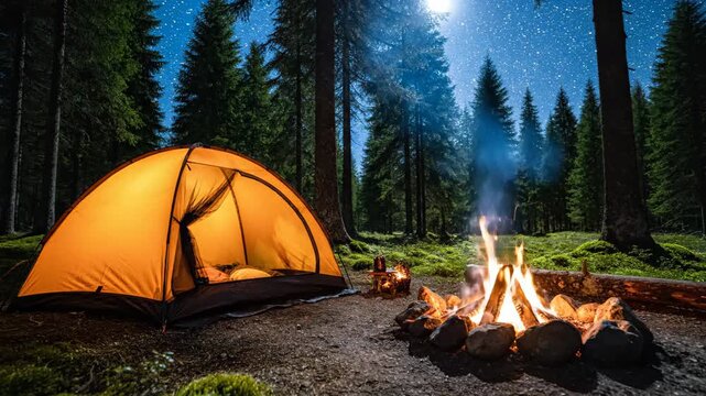 Forest Camping at Night with Glowing Tent - A peaceful camping experience in a lush forest is captured at night, with a glowing tent and flickering firelight providing warmth.