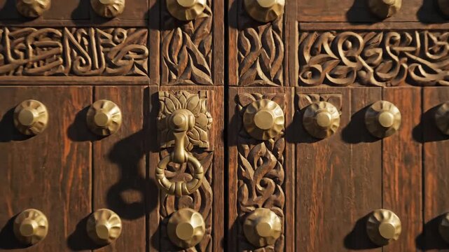 Intricate Wooden Door with Ornate Details and Studded Design.