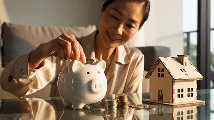 Saving for a House - A woman is shown saving money by dropping a coin into a piggy bank. A small wooden house sits nearby on the table, implying that she is saving for a house. - Powered by Adobe