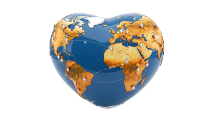 Heart shaped planet earth globe with continents and oceans isolated on transparent background