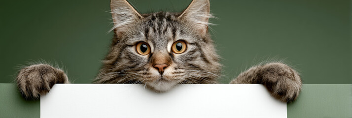 Extreme close-up, portrait of a cute adorable tabby cat, holding a blank sign with copy space against a green background. Looking at the camera with his big eyes. Generative Ai.