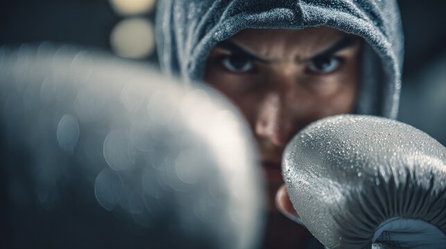 Intense boxer's gaze focused on victory in the boxing ring or gym