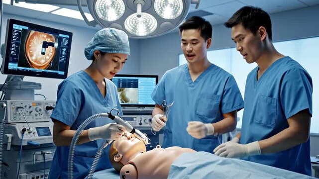 Team of asian medical students practicing endoscopy and intubation on a simulation mannequin in a modern university hospital training facility, preparing for real life surgery