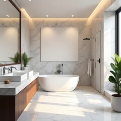 Modern luxury bathroom design featuring a freestanding bathtub and double vanity with natural light