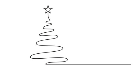 Hand drawn christmas tree in minimalistic design. Continuous one line drawing Christmas tree. Vector illustration