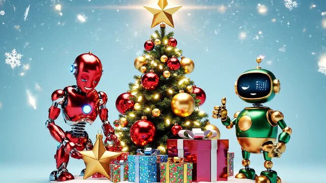 Two festive robots beside decorated Christmas tree with gifts and snowflakes.