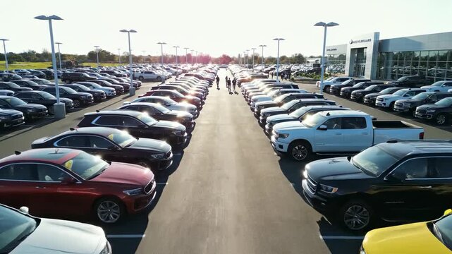 Forward moving aerial shot of people walking through a large outdoor car dealership with numerous new vehicles parked in neat rows, gleaming under the bright afternoon sun
