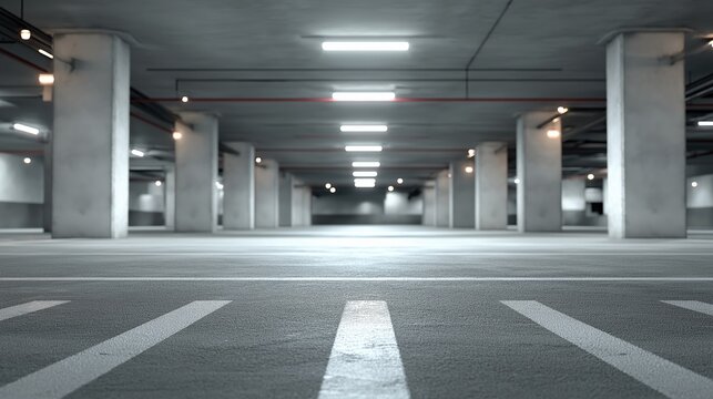 Empty underground parking garage with concrete columns and bright linear lighting. Modern urban architecture for vehicle storage and safety concept.