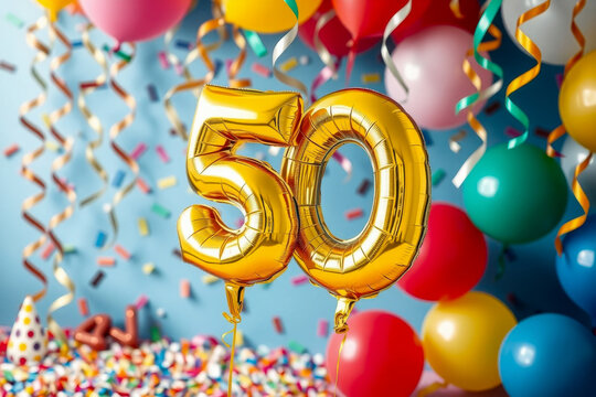 Birthday balloon shape number fifty, golden letter figure 50 celebration background AI Generative