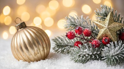 Gold Christmas Ornament and Frosted Pine Branches on Snow with Warm Bokeh Background