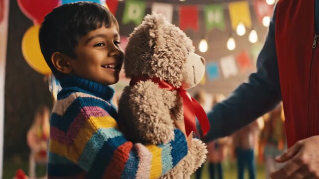 Child Receives Teddy Bear at Charity Event - A young boy smiles as he receives a teddy bear from a person at a charity event. The scene is filled with vibrant colors and has a shallow depth of field.