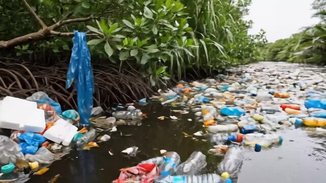 Plastic Pollution in a Natural Waterway - The video depicts a heavily polluted waterway littered with plastic waste, including bottles and bags, amidst a natural environment of mangrove roots and
