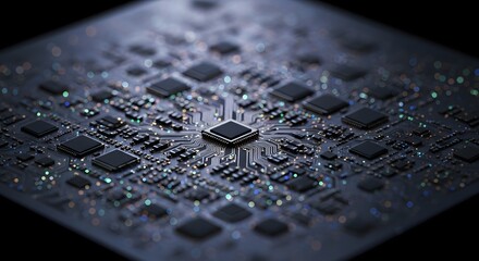 Close-up of a complex electronic circuit board with a central processor unit, showcasing intricate details and connectivity.