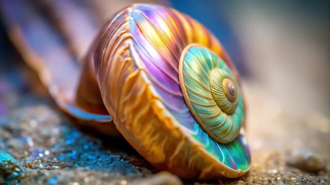 Vibrant seashell close up with vivid colors and intricate spiral pattern