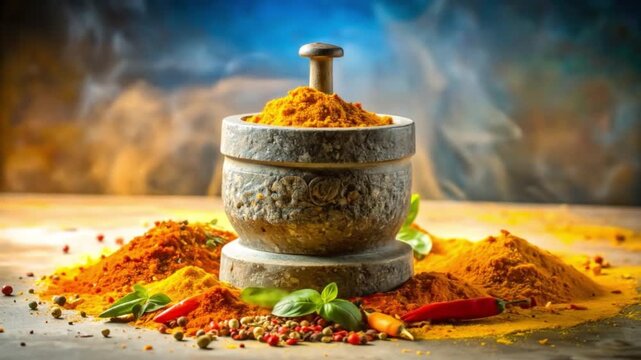 Vibrant spices in bowl with assorted colorful herbs and condiments