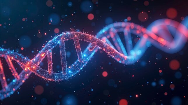 Neon DNA helix glowing with radiant blue and red light beams surrounded by dynamic energy