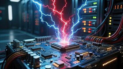 Intense energy arcs of blue lightning and red plasma clash above the motherboard on a server room with glowing circuits and electronic components.