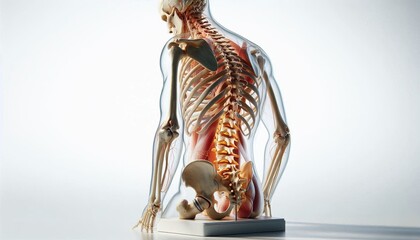 Model demonstrating the anatomy of the spine for medical education, isolated on a white background