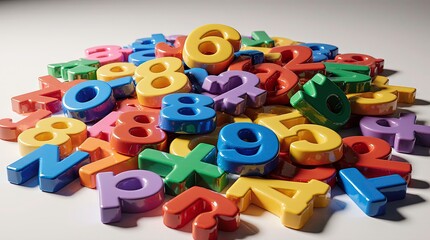 Fototapeta premium 3d plastic numbers scattered randomly, with glossy textures and bright primary and secondary colors, are chunky, smooth, and toy-like, overlapping each other with playful randomness.