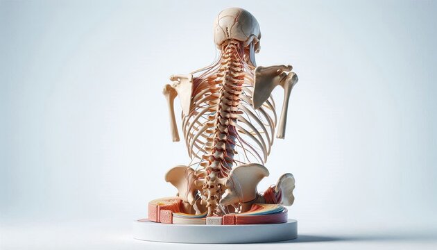 Model demonstrating the anatomy of the spine for medical education, isolated on a white background