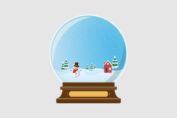 A winter scene inside a snow globe with a smiling snowman stands on snowy hills and a small red house with a chimney adds warmth to the wintry landscape surrounded by evergreen trees.