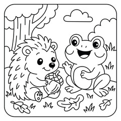 Cute Hedgehog Holding Acorn with Friendly Frog – Kids Coloring Page