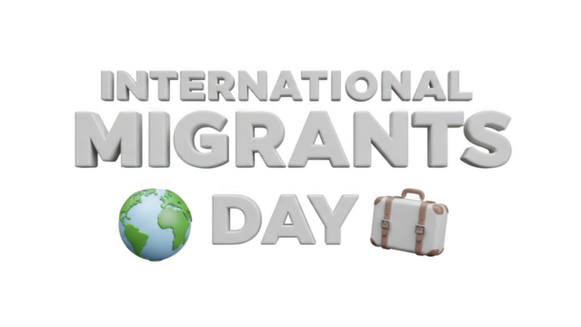 International migrants day text with globe and suitcase isolated on transparent background - Powered by Adobe