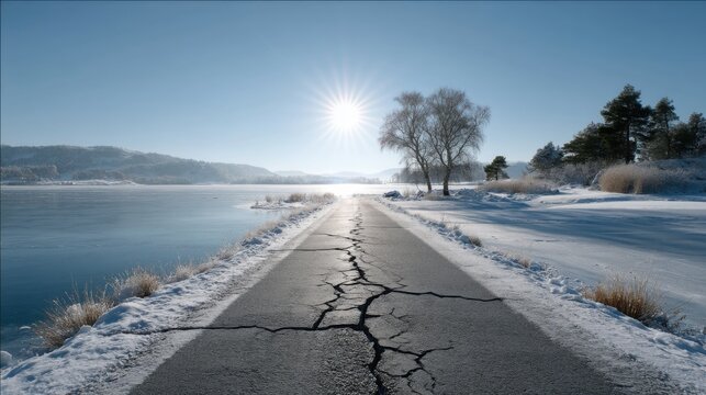 An icy road with the sun shining on it, the horizon with trees, and behind it lies a frozen sea covered by snow. The asphalt reflects light like glass and has cracks along its length.