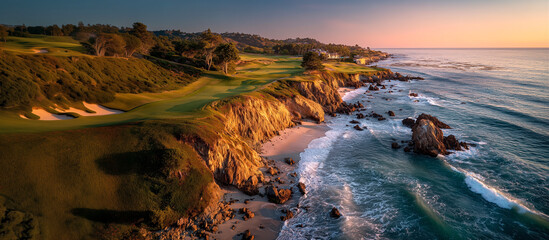 Ocean golf course coastal cliffs sunset light golden hour rocky shore rolling fairway seaside links tranquil waves scenic landscape dramatic coastline. Coastal golf course hugs rugged cliffs