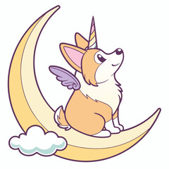 Mischievous Corgi with sitting on a moon, set in a charming Unicorn Dreams theme – Unicorn Dreams color vector art