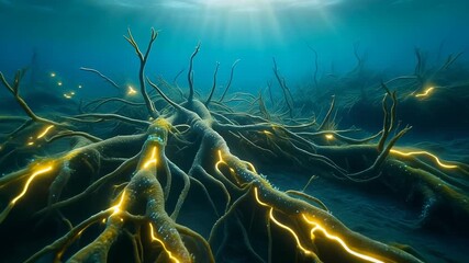 Underwater Bioluminescent Tree Roots with Glowing Yellow Energy Streaks branches