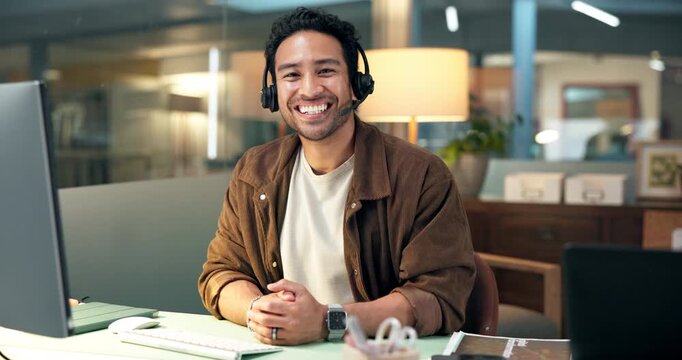 Face, help desk and happy man in call center for tech support, assistance or laugh at night. IT consultant, customer service and portrait of person with smile, contact us and funny on overtime