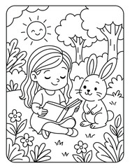 Cute Girl Reading Book with Bunny in Forest – Kids Coloring Page
