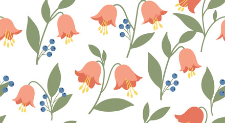 Delicate coral bell flowers and blue berries seamless pattern