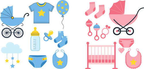 Baby boy and girl essentials vector illustration set with stroller clothes toys bottles and nursery accessories